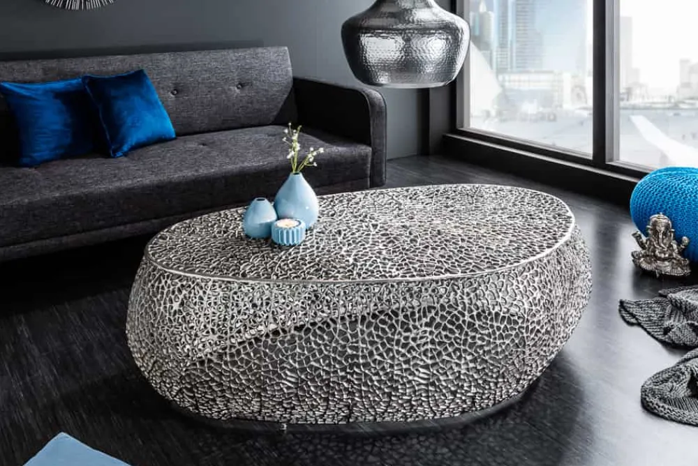 Riess-Ambiente Couchtische & Truhen > Design Couchtisch LEAF 130cm silber Metall-Aluminium-Legierung handmade
