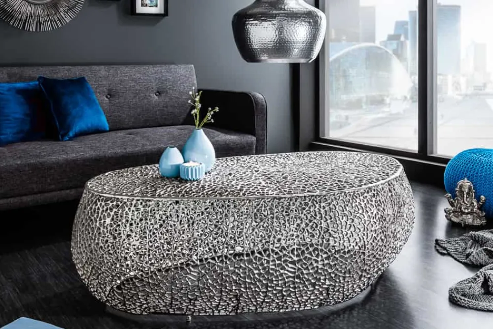 Riess-Ambiente Couchtische & Truhen > Design Couchtisch LEAF 130cm silber Metall-Aluminium-Legierung handmade