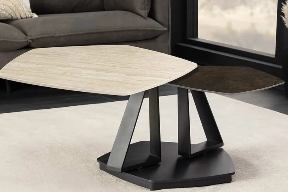 Riess-Ambiente Couchtische & Truhen > Design Couchtisch MOVEMENT rost Pentagon drehbar Travertin Keramik schwarz Metall