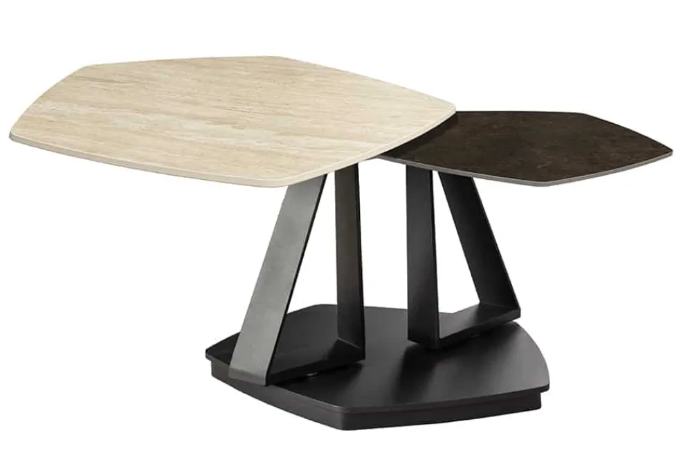 Riess-Ambiente Couchtische & Truhen > Design Couchtisch MOVEMENT rost Pentagon drehbar Travertin Keramik schwarz Metall