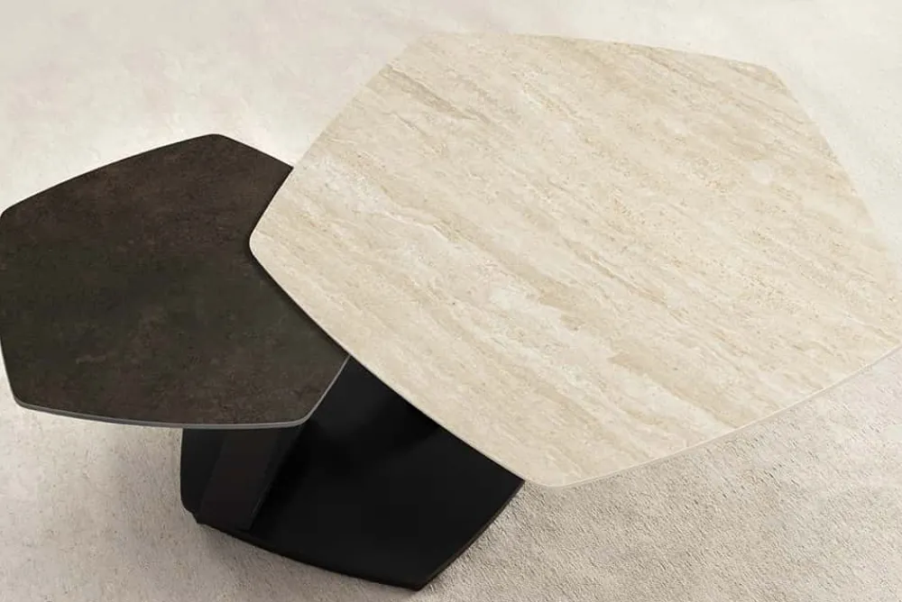 Riess-Ambiente Couchtische & Truhen > Design Couchtisch MOVEMENT rost Pentagon drehbar Travertin Keramik schwarz Metall