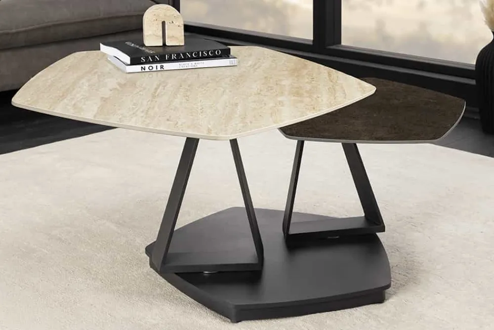 Riess-Ambiente Couchtische & Truhen > Design Couchtisch MOVEMENT rost Pentagon drehbar Travertin Keramik schwarz Metall