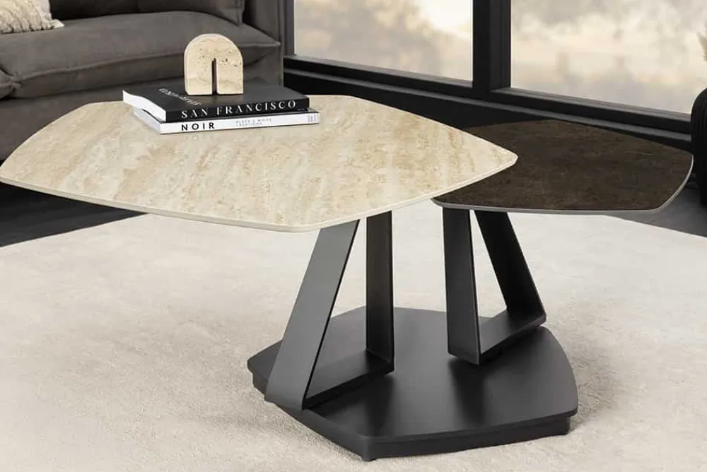 Riess-Ambiente Couchtische & Truhen > Design Couchtisch MOVEMENT rost Pentagon drehbar Travertin Keramik schwarz Metall
