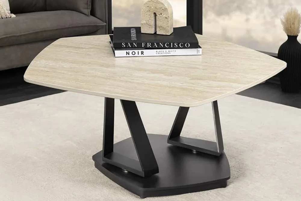 Riess-Ambiente Couchtische & Truhen > Design Couchtisch MOVEMENT rost Pentagon drehbar Travertin Keramik schwarz Metall