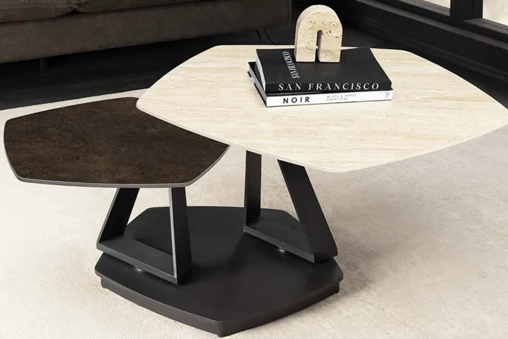 Riess-Ambiente Couchtische & Truhen > Design Couchtisch MOVEMENT rost Pentagon drehbar Travertin Keramik schwarz Metall