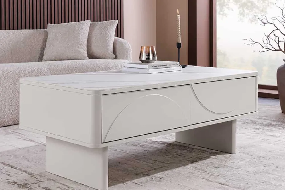 Riess-Ambiente Couchtische & Truhen > Design Couchtisch SAVOY 120cm kaschmir weiß Keramik Marmor mit Schubladen