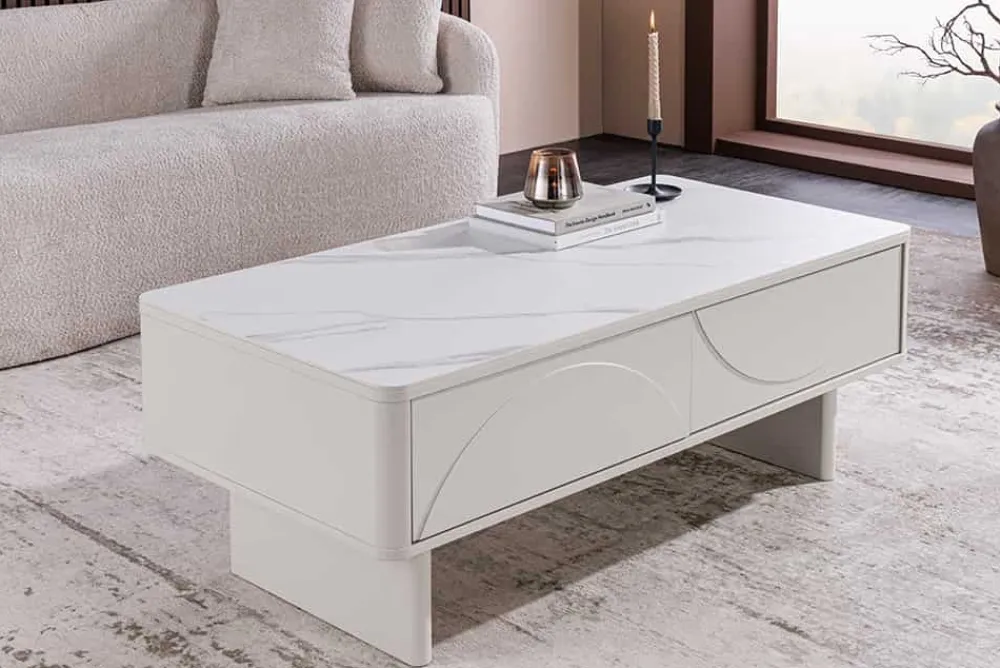 Riess-Ambiente Couchtische & Truhen > Design Couchtisch SAVOY 120cm kaschmir weiß Keramik Marmor mit Schubladen