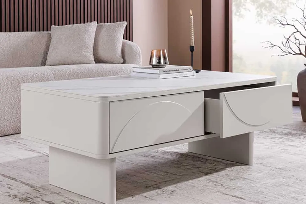 Riess-Ambiente Couchtische & Truhen > Design Couchtisch SAVOY 120cm kaschmir weiß Keramik Marmor mit Schubladen