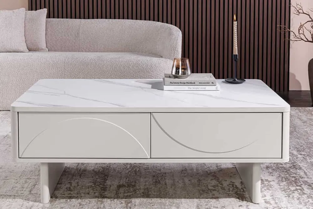 Riess-Ambiente Couchtische & Truhen > Design Couchtisch SAVOY 120cm kaschmir weiß Keramik Marmor mit Schubladen