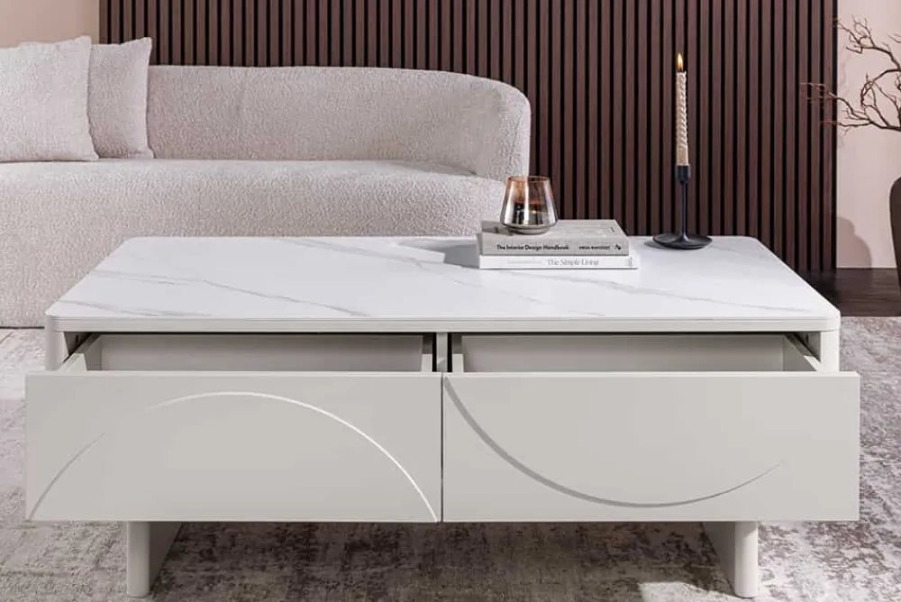 Riess-Ambiente Couchtische & Truhen > Design Couchtisch SAVOY 120cm kaschmir weiß Keramik Marmor mit Schubladen