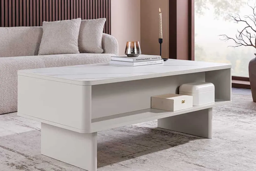 Riess-Ambiente Couchtische & Truhen > Design Couchtisch SAVOY 120cm kaschmir weiß Keramik Marmor mit Schubladen