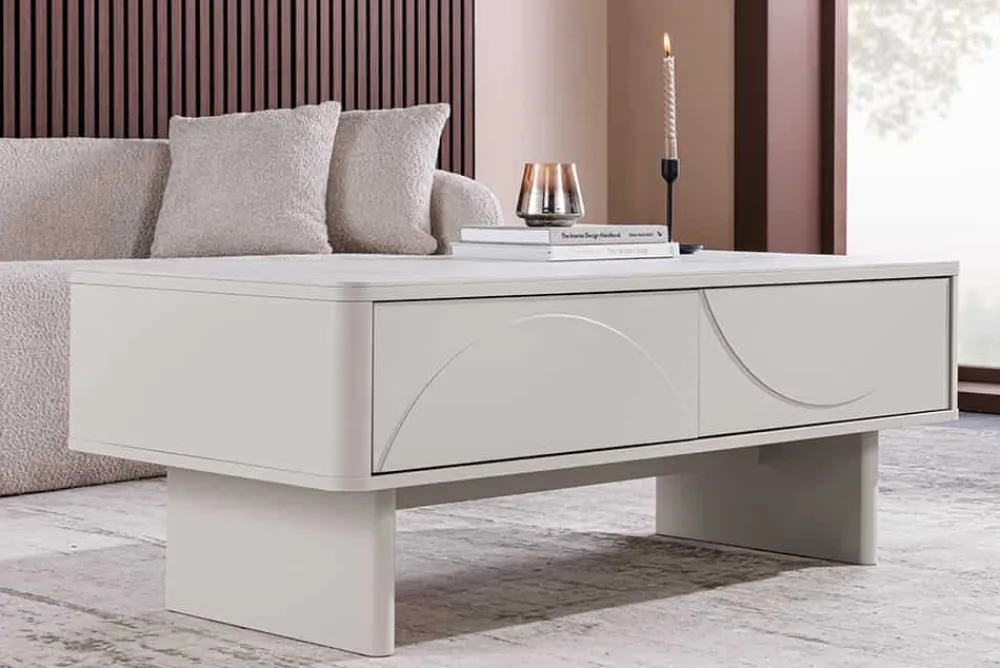 Riess-Ambiente Couchtische & Truhen > Design Couchtisch SAVOY 120cm kaschmir weiß Keramik Marmor mit Schubladen