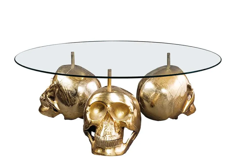 Riess-Ambiente Goldene Möbel|Couchtische & Truhen > Design Couchtisch SKULL XXL 90cm gold rund Glasplatte Metall Totenkopf handmade