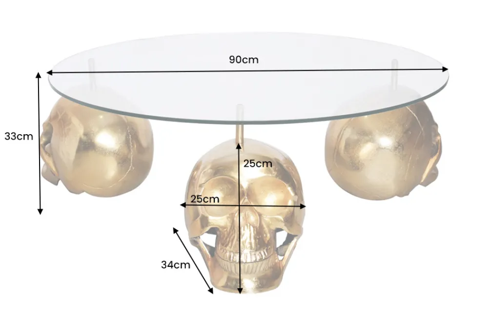 Riess-Ambiente Goldene Möbel|Couchtische & Truhen > Design Couchtisch SKULL XXL 90cm gold rund Glasplatte Metall Totenkopf handmade