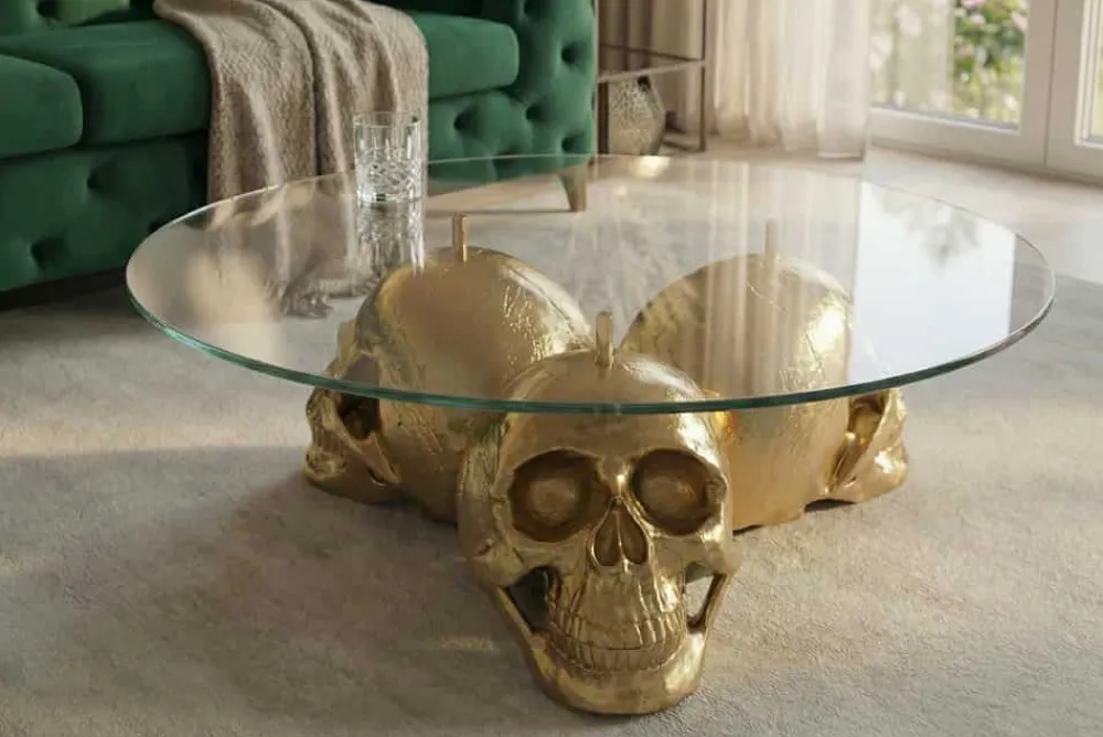 Riess-Ambiente Goldene Möbel|Couchtische & Truhen > Design Couchtisch SKULL XXL 90cm gold rund Glasplatte Metall Totenkopf handmade