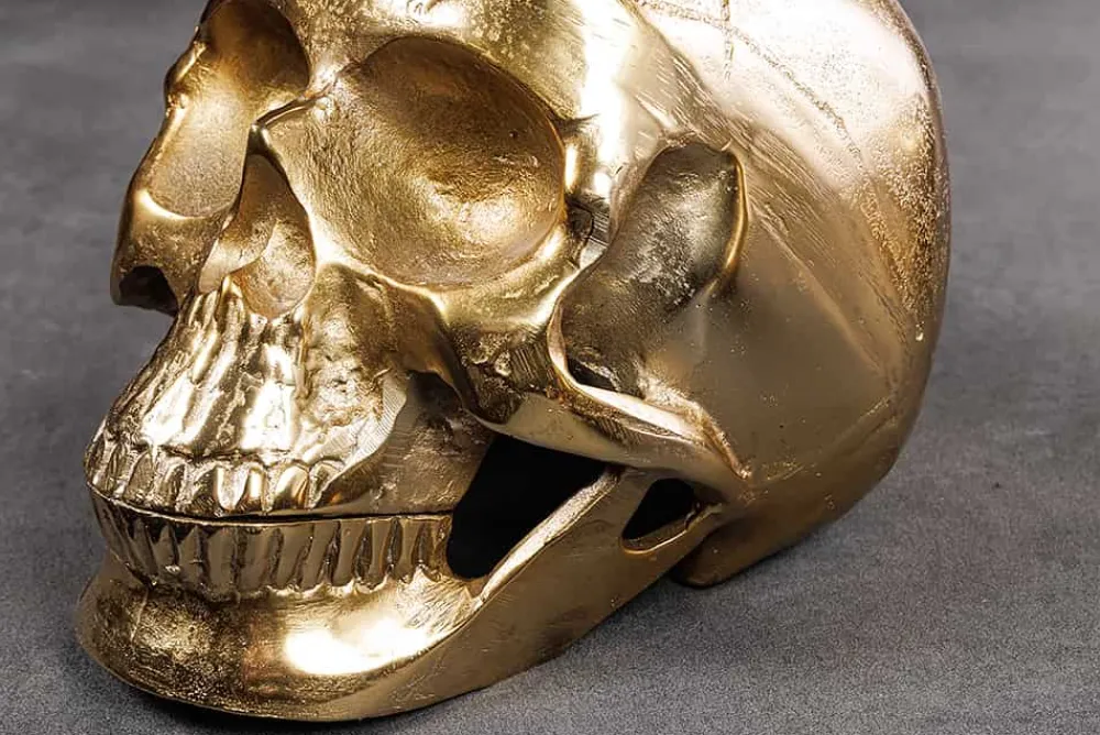 Riess-Ambiente Goldene Möbel|Couchtische & Truhen > Design Couchtisch SKULL XXL 90cm gold rund Glasplatte Metall Totenkopf handmade