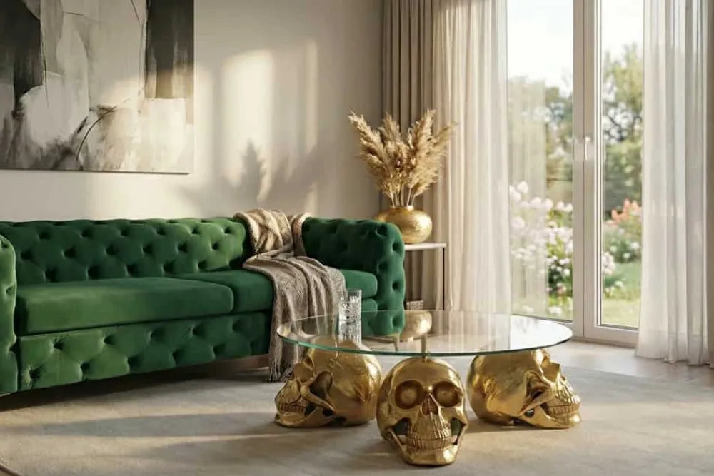Riess-Ambiente Goldene Möbel|Couchtische & Truhen > Design Couchtisch SKULL XXL 90cm gold rund Glasplatte Metall Totenkopf handmade