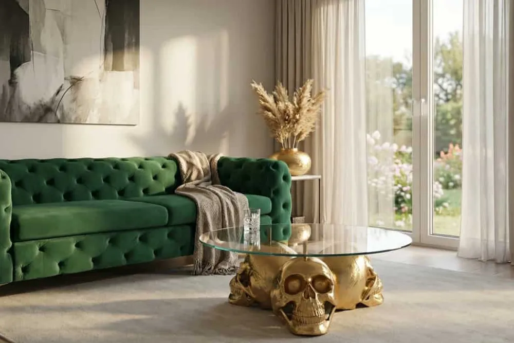 Riess-Ambiente Goldene Möbel|Couchtische & Truhen > Design Couchtisch SKULL XXL 90cm gold rund Glasplatte Metall Totenkopf handmade