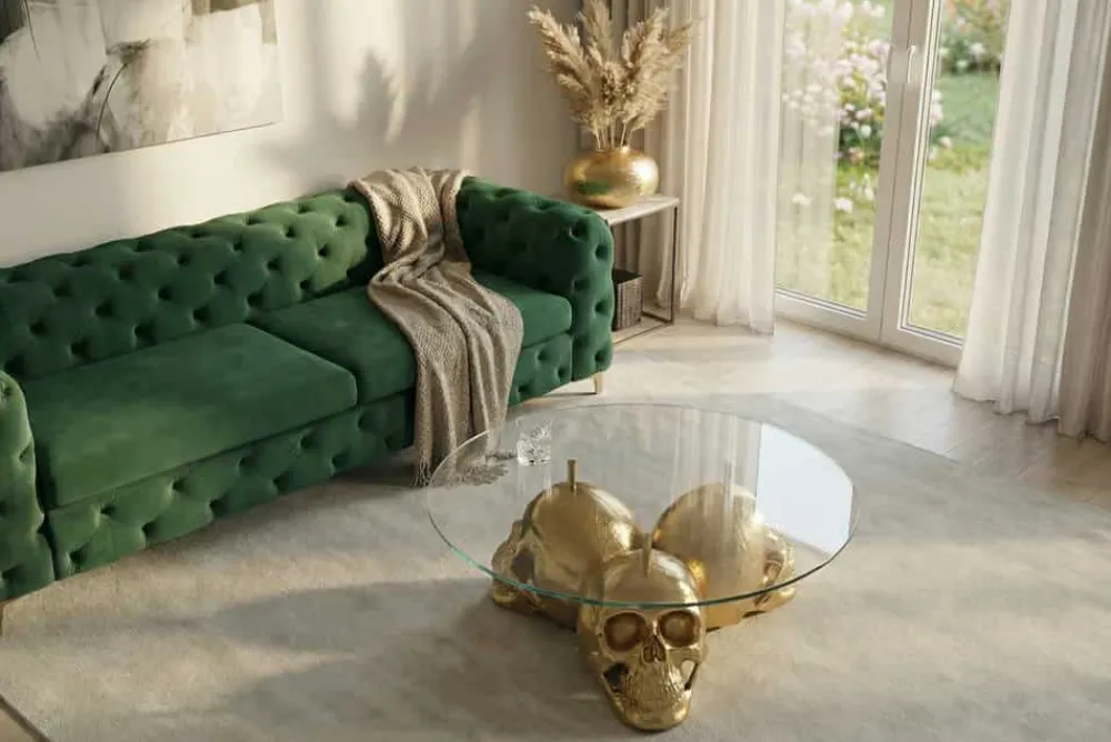 Riess-Ambiente Goldene Möbel|Couchtische & Truhen > Design Couchtisch SKULL XXL 90cm gold rund Glasplatte Metall Totenkopf handmade