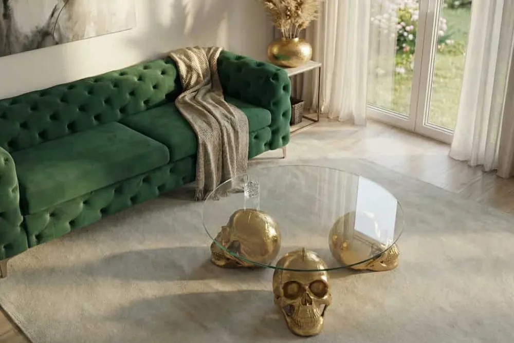 Riess-Ambiente Goldene Möbel|Couchtische & Truhen > Design Couchtisch SKULL XXL 90cm gold rund Glasplatte Metall Totenkopf handmade