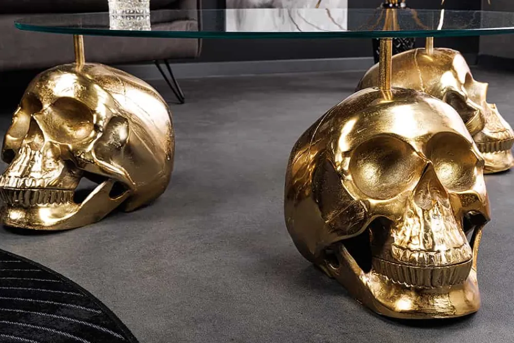 Riess-Ambiente Goldene Möbel|Couchtische & Truhen > Design Couchtisch SKULL XXL 90cm gold rund Glasplatte Metall Totenkopf handmade