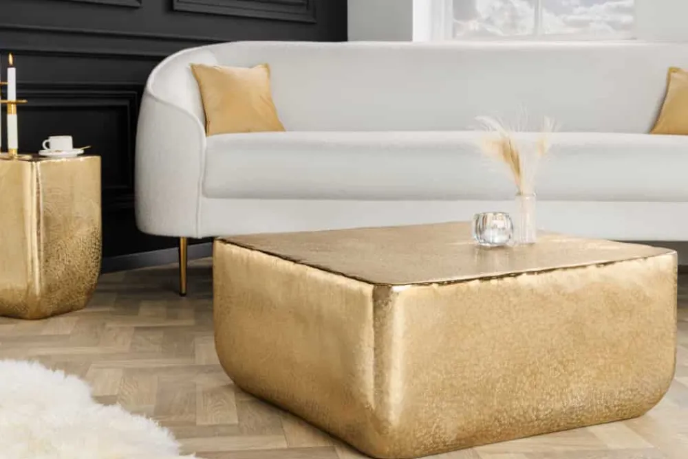 Riess-Ambiente Goldene Möbel|Couchtische & Truhen > Design Couchtisch UNIT 70cm gold Metall Hammerschlag handmade