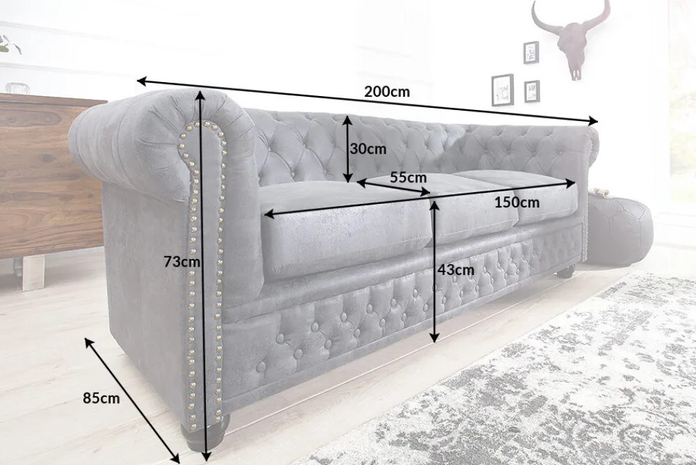 Riess-Ambiente 3-Sitzer Sofa > Design 3er Sofa CHESTERFIELD 200cm antik grau Federkern 3-Sitzer Loungesofa