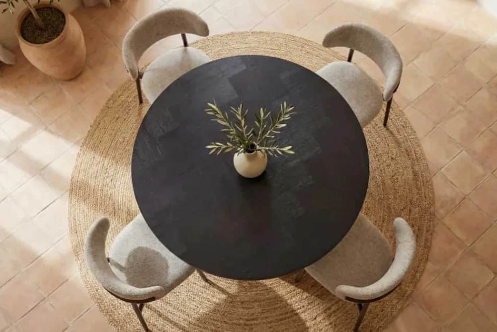 Riess-Ambiente Esstische|Retro Möbel > Design Esstisch BABYLON 120cm schwarz Fischgrät Eiche rund mit drei Säulenfüßen