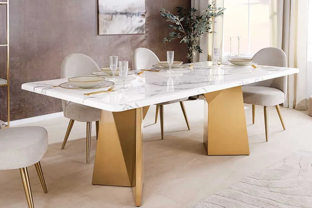 Riess-Ambiente Goldene Möbel|Esstische > Design Esstisch EXTRAVAGANCIA 200cm weiß Marmor Metall brushed champagner gold