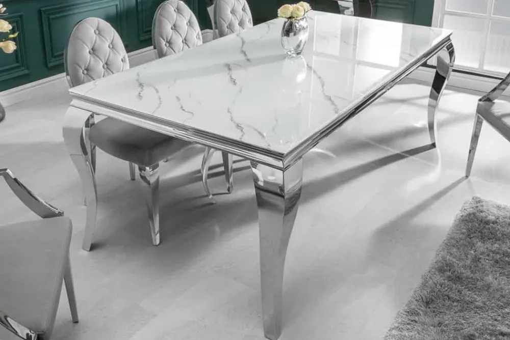 Riess-Ambiente Esstische > Design Esstisch MODERN BAROCK 180cm weiß chrom Glasplatte Marmor Edelstahlbeine