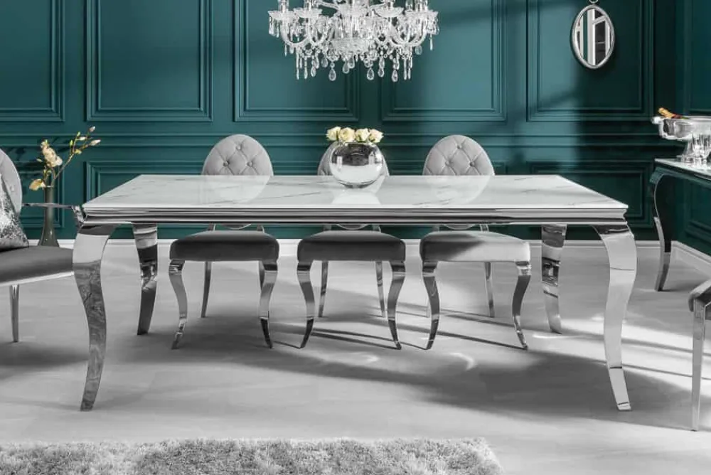 Riess-Ambiente Esstische > Design Esstisch MODERN BAROCK 180cm weiß chrom Glasplatte Marmor Edelstahlbeine