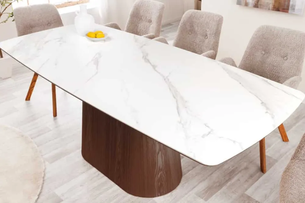 Riess-Ambiente Esstische > Design Esstisch UNIQUE 200cm weiß Walnuss Keramik Marmor Säulenfuß