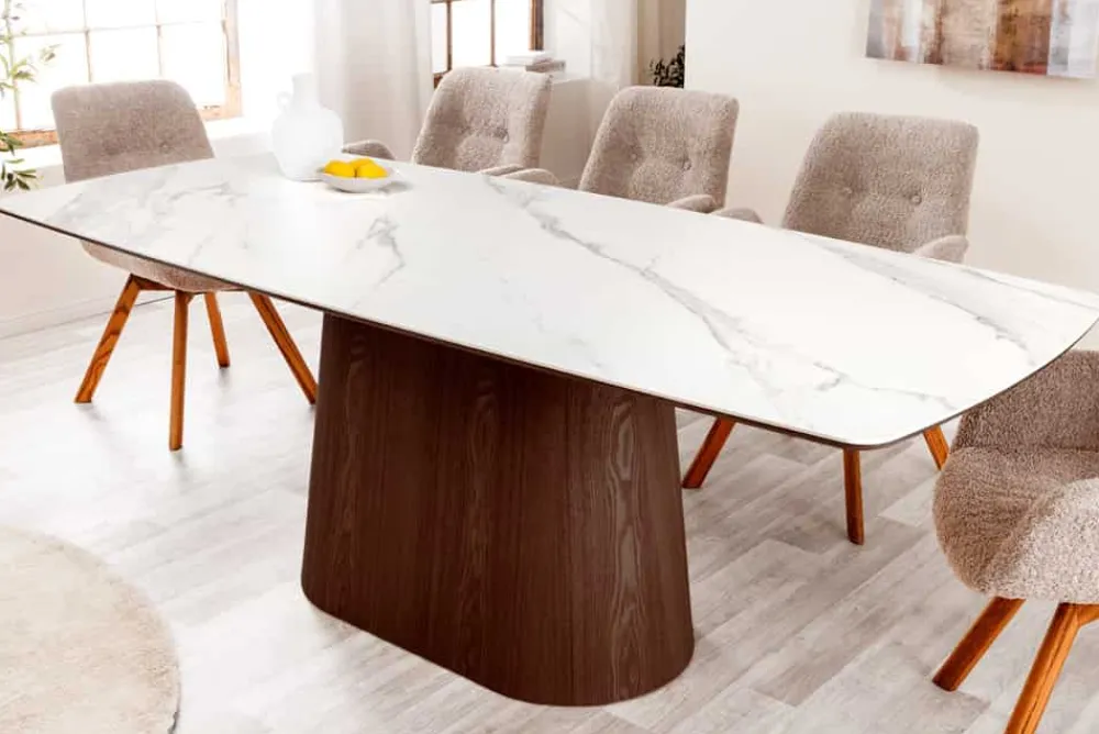 Riess-Ambiente Esstische > Design Esstisch UNIQUE 200cm weiß Walnuss Keramik Marmor Säulenfuß