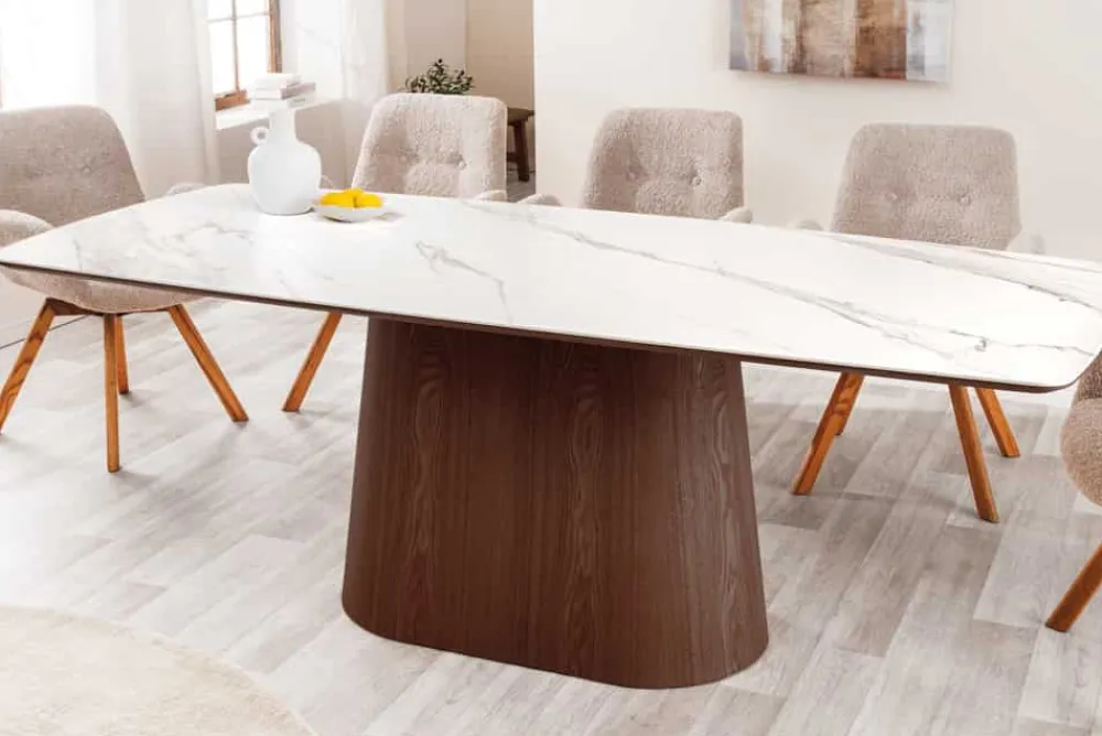Riess-Ambiente Esstische > Design Esstisch UNIQUE 200cm weiß Walnuss Keramik Marmor Säulenfuß