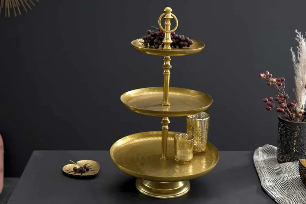 Riess-Ambiente Goldene Möbel|Etageren & Tabletts > Design Etagere ORIENT 50cm gold im Wild Hammerschlag mit drei Etagen