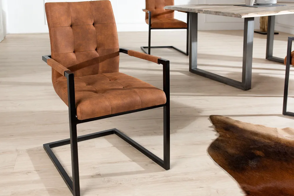 Riess-Ambiente Freischwinger|Industrial Loft > Design Freischwinger Stuhl OXFORD vintage braun mit Armlehne Eisengestell