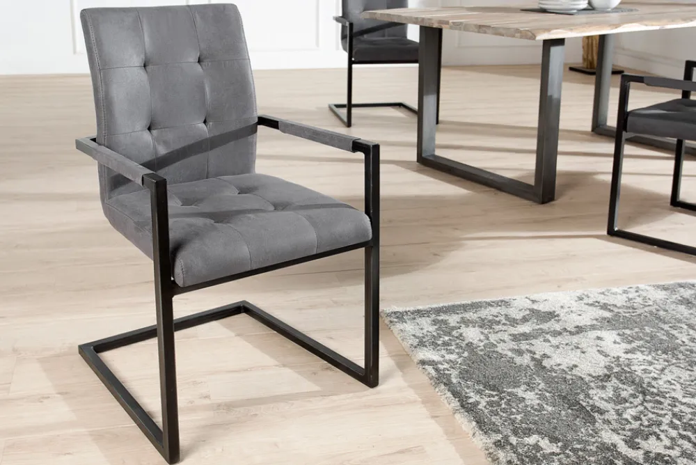 Riess-Ambiente Freischwinger|Industrial Loft > Design Freischwinger Stuhl OXFORD vintage grau mit Armlehne Eisengestell