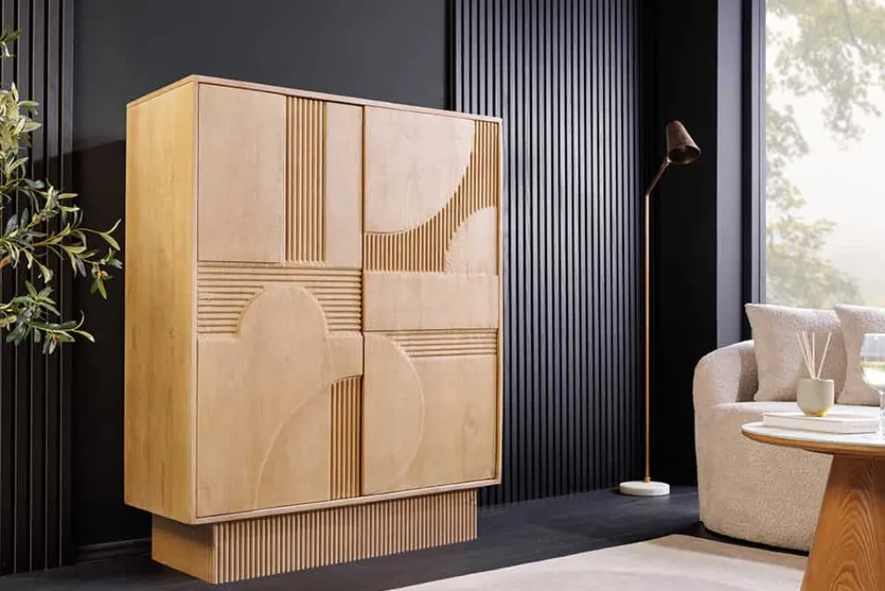 Riess-Ambiente Mehr...|Massivholzschränke > Design Highboard ART DECO 120cm weiß gekälkt Mangoholz massiv 3D Front
