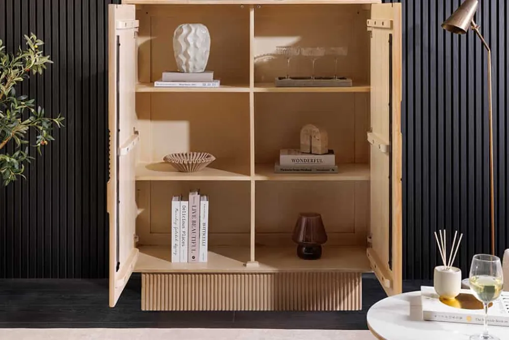 Riess-Ambiente Mehr...|Massivholzschränke > Design Highboard ART DECO 120cm weiß gekälkt Mangoholz massiv 3D Front