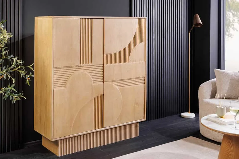 Riess-Ambiente Mehr...|Massivholzschränke > Design Highboard ART DECO 120cm weiß gekälkt Mangoholz massiv 3D Front