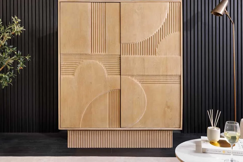 Riess-Ambiente Mehr...|Massivholzschränke > Design Highboard ART DECO 120cm weiß gekälkt Mangoholz massiv 3D Front