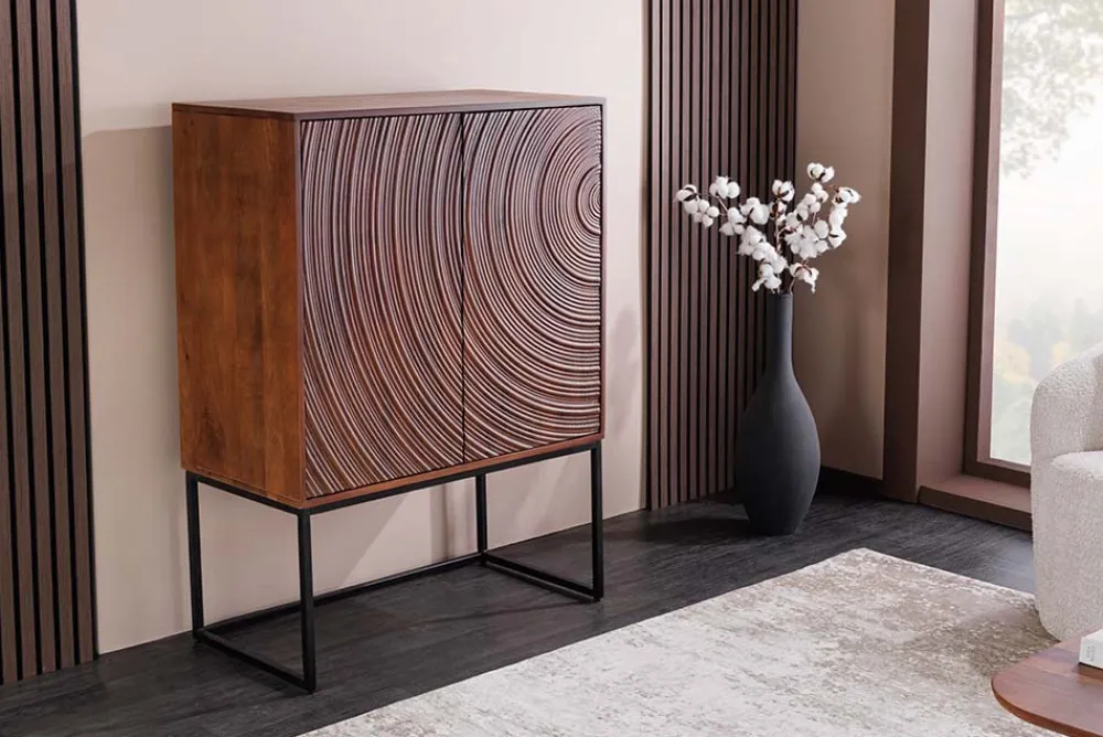 Riess-Ambiente Mehr...|Massivholzschränke > Design Highboard ORBIT 120cm braun Mangoholz mit 3D-Front schwarz Metall