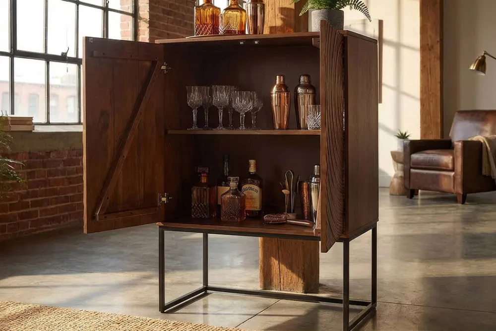 Riess-Ambiente Mehr...|Massivholzschränke > Design Highboard ORBIT 120cm braun Mangoholz mit 3D-Front schwarz Metall