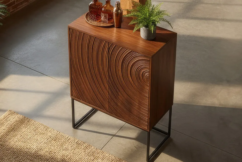 Riess-Ambiente Mehr...|Massivholzschränke > Design Highboard ORBIT 120cm braun Mangoholz mit 3D-Front schwarz Metall