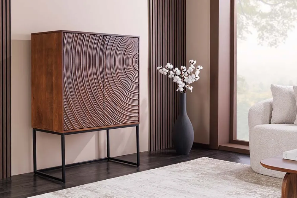 Riess-Ambiente Mehr...|Massivholzschränke > Design Highboard ORBIT 120cm braun Mangoholz mit 3D-Front schwarz Metall