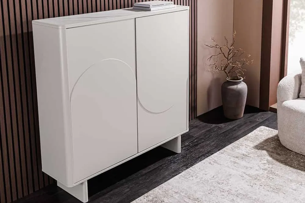 Riess-Ambiente Highboards > Design Highboard SAVOY 130cm kaschmir weiß Marmor Keramik mit Stauraum und 3D-Front