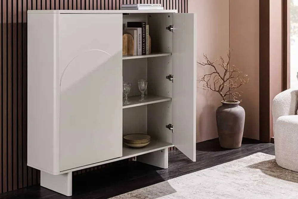 Riess-Ambiente Highboards > Design Highboard SAVOY 130cm kaschmir weiß Marmor Keramik mit Stauraum und 3D-Front