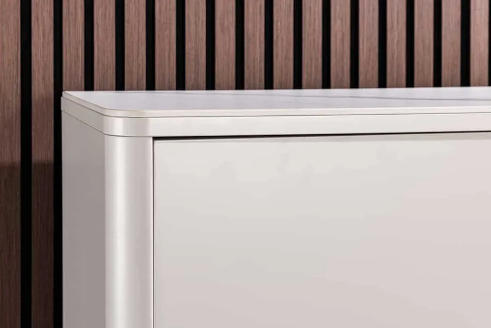 Riess-Ambiente Highboards > Design Highboard SAVOY 130cm kaschmir weiß Marmor Keramik mit Stauraum und 3D-Front