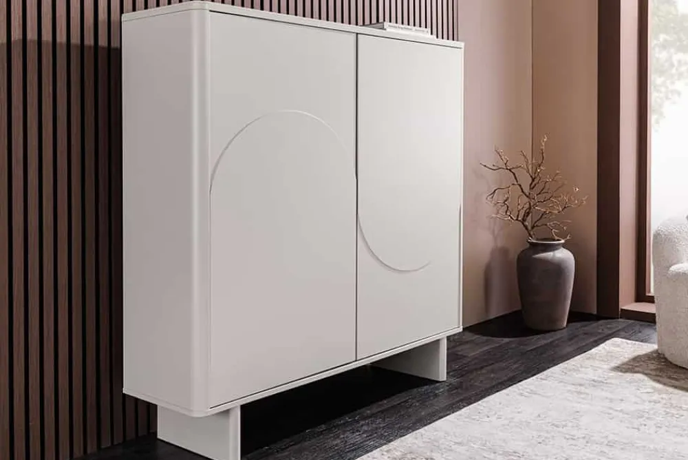 Riess-Ambiente Highboards > Design Highboard SAVOY 130cm kaschmir weiß Marmor Keramik mit Stauraum und 3D-Front