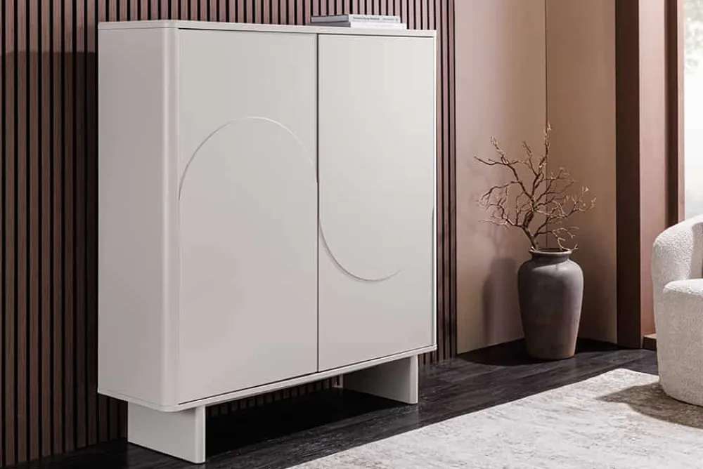 Riess-Ambiente Highboards > Design Highboard SAVOY 130cm kaschmir weiß Marmor Keramik mit Stauraum und 3D-Front